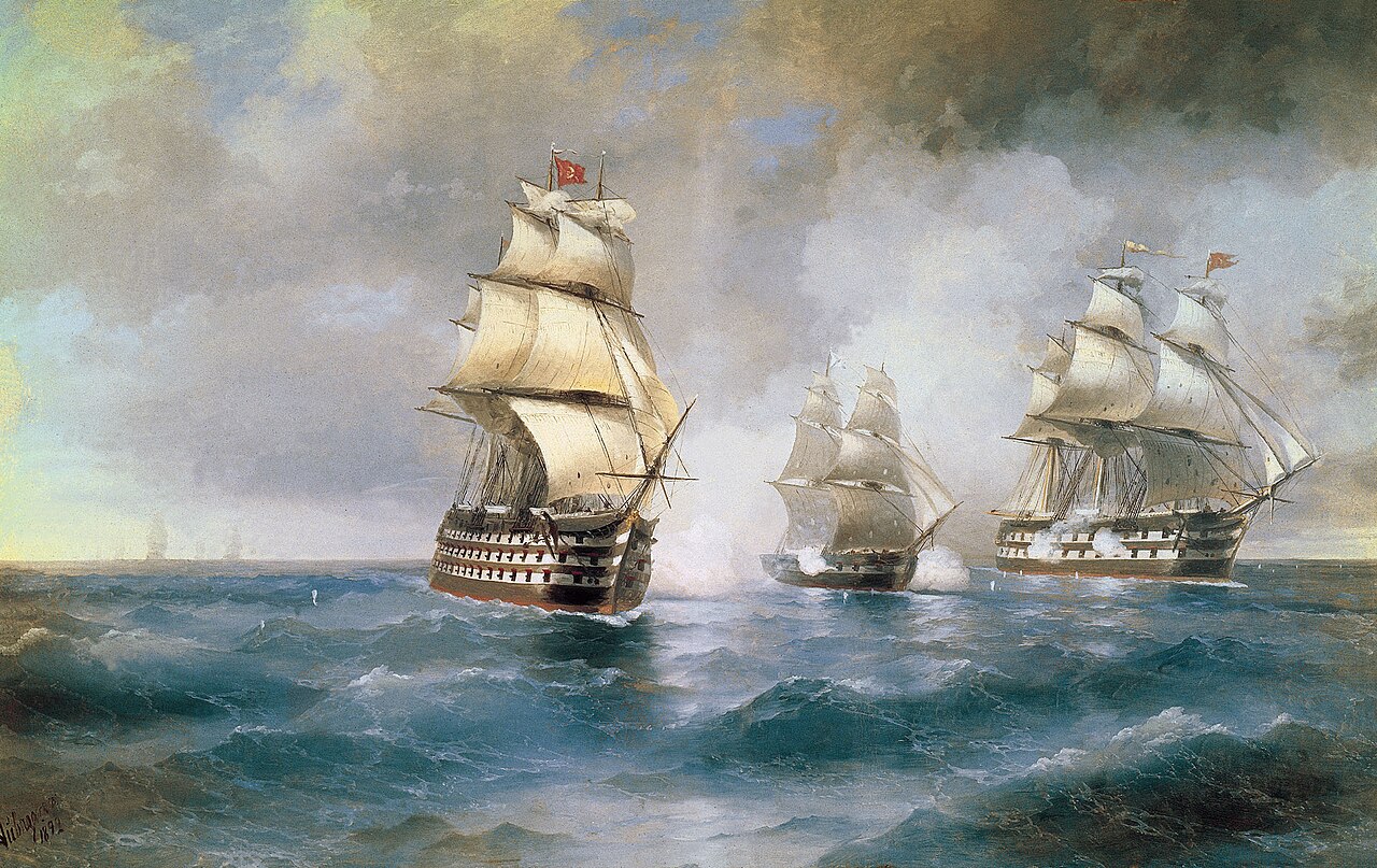 A small three-masted brig under full sail fires its guns between two much larger warships on a rough sea, smoke drifting across the water.